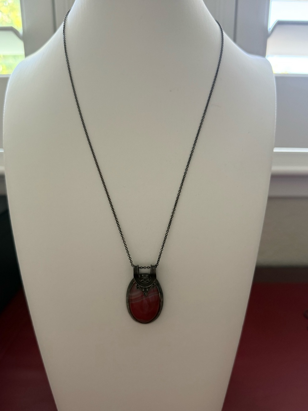 Artisan Red Polished Agate Oval Necklace Pendant in Sterling Silver